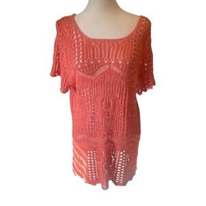 One World Women Boho Crochet Cottage Open‎ Knit Tunic Cover Up Size M Festival